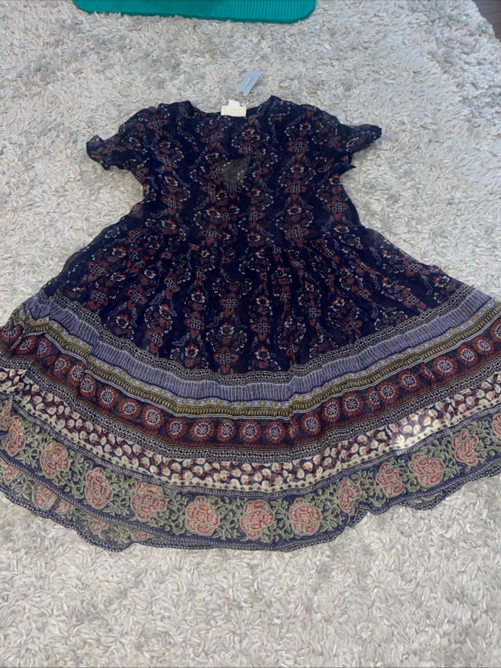 Anthropologie Size SP Maeve Navy Sheer Floral Slip Swing Dress NWT $140